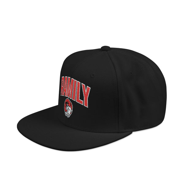Embroidered Family Snapback Hat — Red 'FAMILY' Patch with Skull Accent
