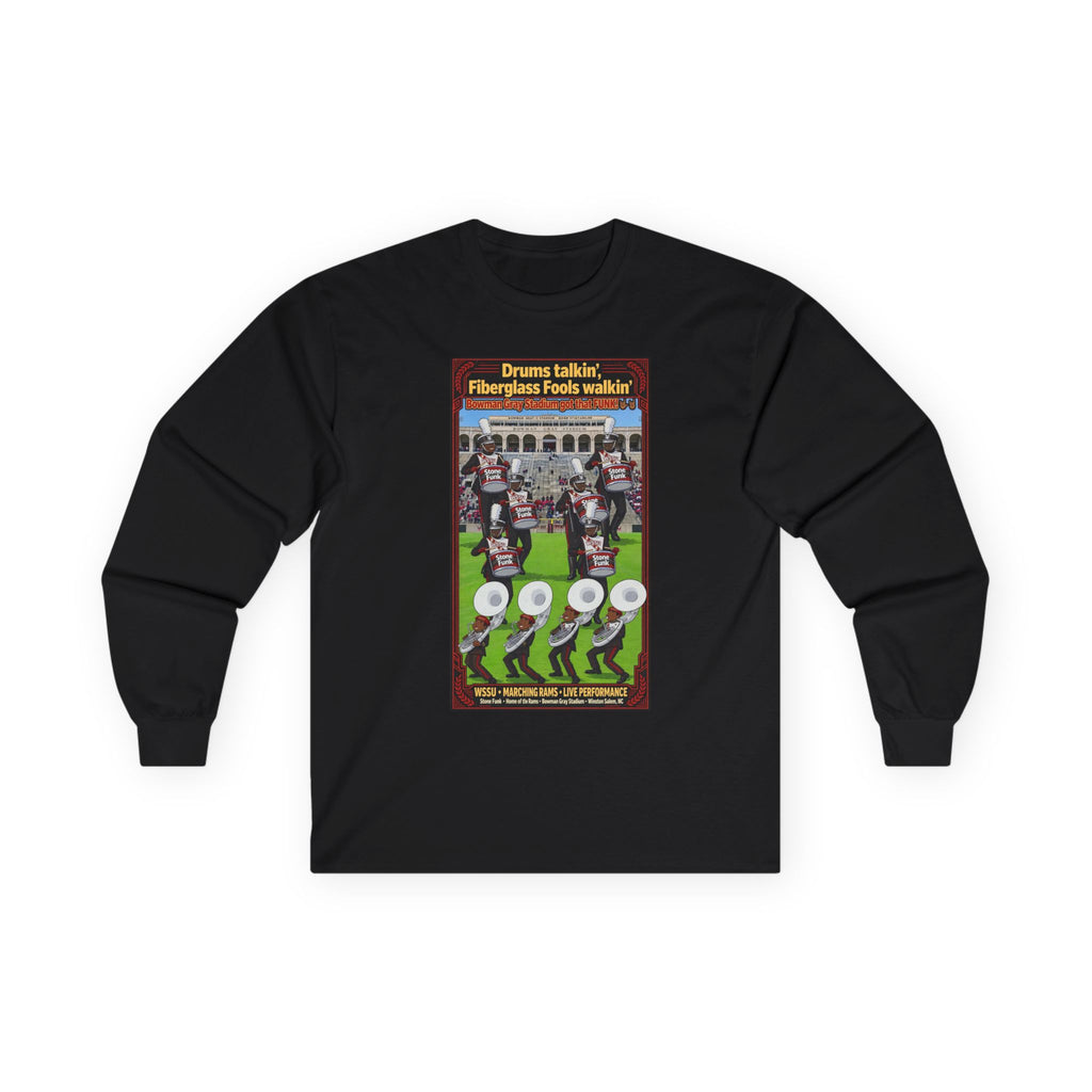 Long Sleeve Tee — Retro Marching Rams Band Poster Design ("Drums Talk! Fiberglass Fools Walkin'")